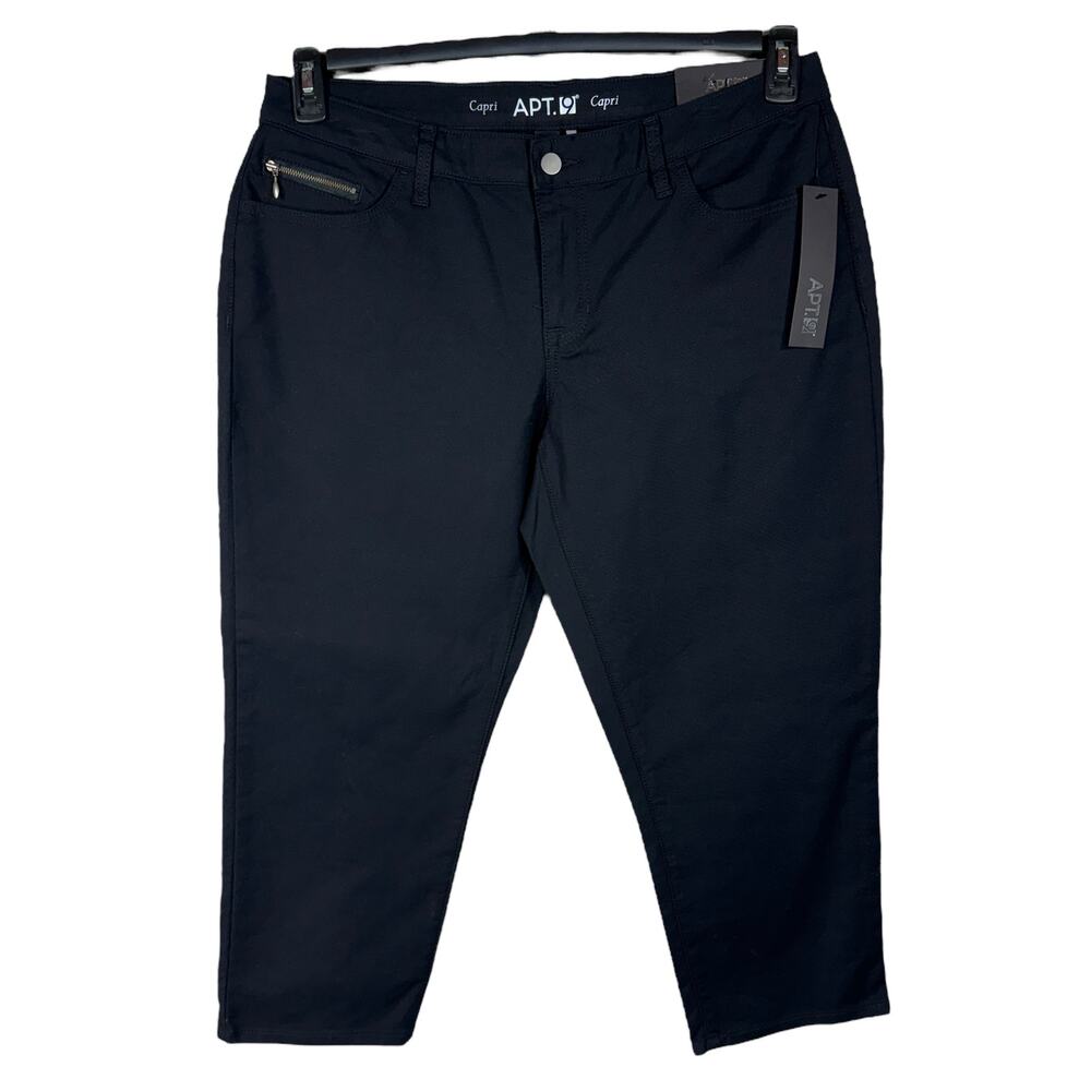 APT 9 SZ 14 Capris Pants Mid-Rise Pockets Zip-Fly Stretch Straight Leg Black New